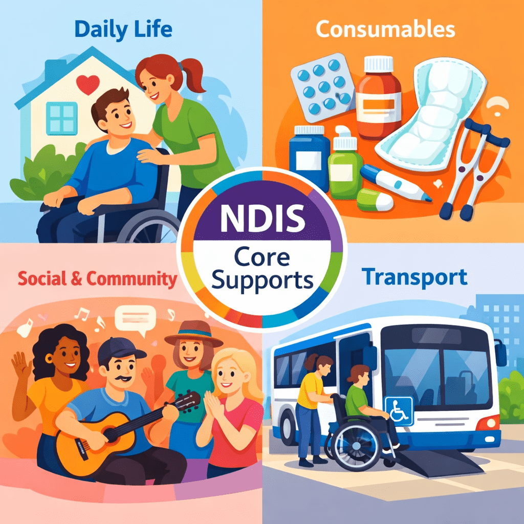 Infographic illustrating NDIS Core Supports categories: assistance with daily life, consumables, social and community participation, and transport.